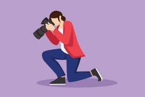 Character flat drawing woman photographer kneeling and taking pictures. Photo equipment for journalist. Camera digital with high resolution. Studio photography logo. Cartoon design vector illustration