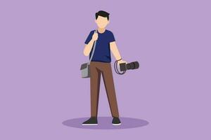 dibujos animados plano estilo dibujo joven masculino fotógrafo en pie y participación cámara con bolso en foto estudio. fotógrafo utilizando profesional cámara para tomando fotos. gráfico diseño vector ilustración