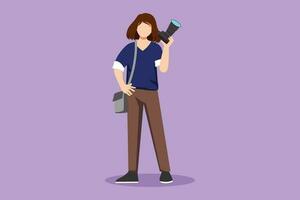 Graphic flat design drawing beautiful woman paparazzi or journalist occupation, standing with digital camera and sling bag. Professional photographer taking pictures. Cartoon style vector illustration