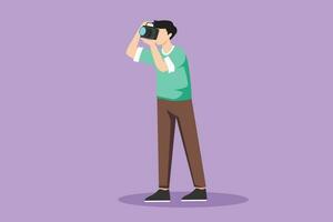 Character flat drawing of happy professional male photographer taking photo using dslr camera. Young male character standing and shooting picture using lens camera. Cartoon design vector illustration