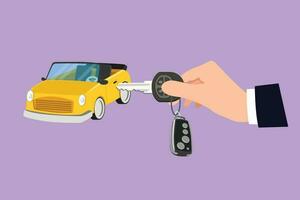 Graphic flat design drawing of hand turning the key in the hole on car door. Young businessman uses key to open the new vehicle. Automobile rental logo, icon, symbol. Cartoon style vector illustration