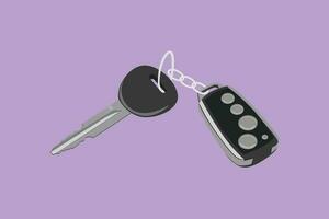 Graphic flat design drawing realistic car keys black color isolated on blue background. Set of electronic car key front and back view and alarm system logo, symbol. Cartoon style vector illustration