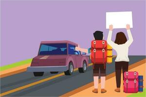 Cartoon flat style drawing back view of happy couple tourists with backpacks, camping stuff hitchhiking on road and thumbing car. Hiking and adventure icon concept. Graphic design vector illustration