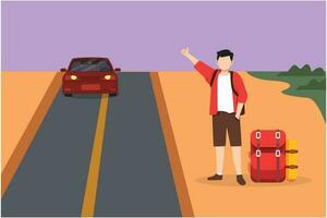 Cartoon flat style drawing hitchhiking man with luggage and thumbs up waiting for car by roadside. Smiling man thumbing or hitching ride. Vacation, holiday and trip. Graphic design vector illustration