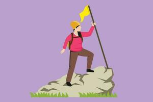 Graphic flat design drawing beautiful woman climber standing on top of mountain with flag. Young smiling mountaineer climbing on rock. Adventure tourism trip symbol. Cartoon style vector illustration