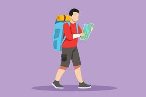 Character flat drawing young man traveler with backpack and map walks to mountain. Tourist top goal achievement route. Active male hiker outdoor and climbing peak. Cartoon design vector illustration