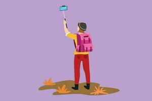Character flat drawing back view of young pretty girl with backpack standing and taking selfie photo on her smart phone. Summer activity at nature. Travel blogger. Cartoon design vector illustration