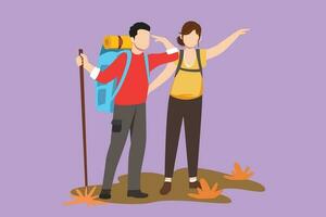 Cartoon flat style drawing couple man woman hiker at top of mountain looking into distance. Adventure in mountainous terrain. Exploration, hiking adventure, journey. Graphic design vector illustration