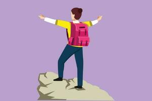 Character flat drawing climber woman stands with arms outstretched on top of mountain. Winner motivational concept. Tourist with backpack. Traveler in summer rocks. Cartoon design vector illustration