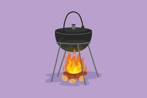 Character flat drawing of cooking dinner in camping pot over bonfire. Cauldron and campfire logo, icon, symbol. Outdoor grass, branch, stones. outdoor nature picnic. Cartoon design vector illustration