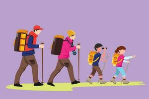 Character flat drawing man, woman, kid, children, family hikers traveling trekking with backpacks in mountains forest. Trip and holiday with dad, mom, son, daughter. Cartoon design vector illustration