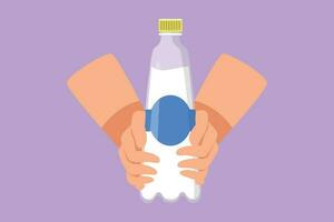 Graphic flat design drawing hands holding plastic bottle of pure drinking water refreshing and splash isolated on blue background. Hungry and thirsty for good health. Cartoon style vector illustration