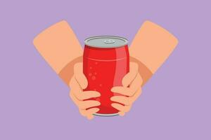 Cartoon flat style drawing hands holding metallic can with drink. Aluminum canned drink without labels. Beverages in metal containers logo, icon, template, symbol. Graphic design vector illustration