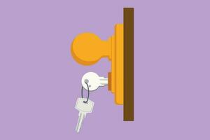 Character flat drawing keys stuck in lock in vintage style. Insert key into keyhole house. Open door. Real Estate concept, template for sales, rental, advertising. Cartoon design vector illustration