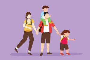 Cartoon flat style drawing happy family is hiking, traveling, trekking in the forest. Father, mother and children hiking and camping with backpack at nature outdoor. Graphic design vector illustration