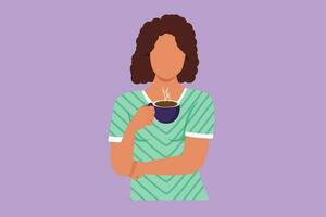 Character flat drawing pretty business woman holding and drinking coffee cup sitting in coffee shop. Business dress code. Enjoy relax time with coffee after office. Cartoon design vector illustration