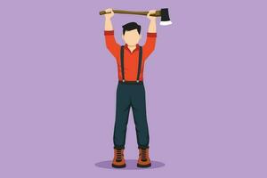 Character flat drawing lumberjack standing mascot hold axe. Wearing shirt, jeans, boots. Holding and lifting up ax with two hands. Lumberjack pose on logging forest. Cartoon design vector illustration