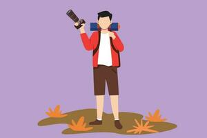 Cartoon flat style drawing young cheerful professional male photographer with camera joy make photography taking nature, traveling, hiking, holiday concept, symbol. Graphic design vector illustration
