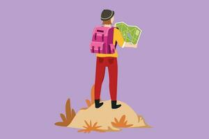 Cartoon flat style drawing back view of woman hiker with backpack and map hiking in mountain, forest, exploring nature. Active outdoor travelling. Tourism concept. Graphic design vector illustration