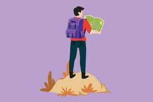 Graphic flat design drawing back view of young man hiker with backpack and map hiking in mountains or forest and exploring nature. Active outdoor travelling symbol. Cartoon style vector illustration