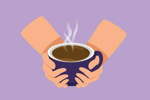 Graphic flat design drawing hands holding a blue cup of hot tea or coffee isolated on blue background. Relaxed morning with coffee. Warming hands by mug of hot drink. Cartoon style vector illustration