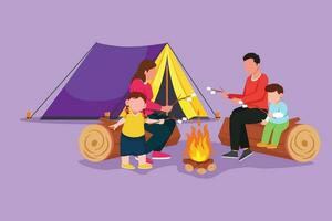 Graphic flat design drawing of happy family sit by campfire. Cheerful tourists, campers. Mom, dad and kids roast marshmallows for snack. Night camping adventure trip. Cartoon style vector illustration