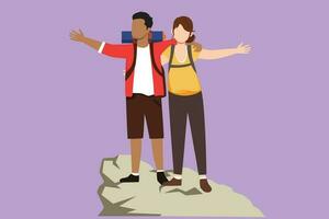 Graphic flat design drawing happy romantic climber man woman stands with arms outstretched on top of mountains. Couple raised they hands up in joy. Achieving success. Cartoon style vector illustration