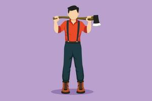 Character flat drawing lumberjack in plaid shirt, jeans with belt, leather boots holding on his shoulder ax with long wooden handle. Active man with axe on shoulder. Cartoon design vector illustration