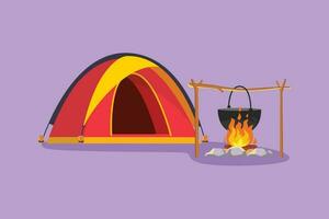 Cartoon flat style drawing camping site with tent bonfire and pot equipment. Tent, campfire, pine forest and rocky mountains. Adventures in nature logo, icon, label. Graphic design vector illustration
