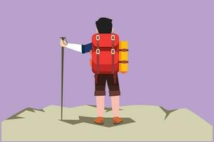 Cartoon flat style drawing back view of hiker with backpack on top of mountain. Trekking man looking for landscape. Happy climber reached the summit of the mountain. Graphic design vector illustration