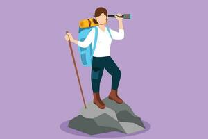 Cartoon flat style drawing cheerful traveler woman with a big backpack stands on the mountain and looks at the binocular. Pretty hiker girl standing on top of hill. Graphic design vector illustration