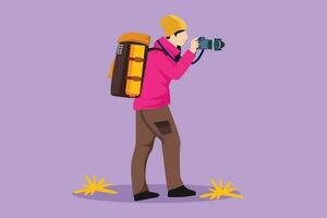 Cartoon flat style drawing young beautiful female photographer standing and taking photo using camera, tourist with backpack. Photographer with her telephoto lens. Graphic design vector illustration