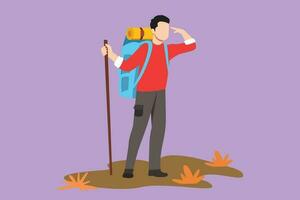 Graphic flat design drawing active man hiker at top of the mountain looking into distance. Adventure in mountainous terrain. Exploration, hiking, adventure, holiday. Cartoon style vector illustration