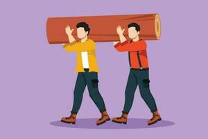 Cartoon flat style drawing couple of lumberjack laborers carrying heavy wooden log on shoulders in forest. Woodcutters working in wood logging industry. Two labor. Graphic design vector illustration