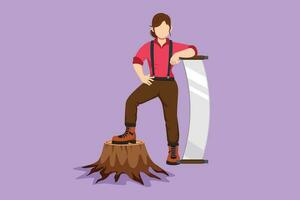 Character flat drawing beautiful woman lumberjack wearing suspender shirt, standing with big steel saw, posing with one foot on tree stump. Strong girl working hard. Cartoon design vector illustration