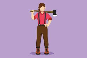 Character flat drawing pretty woman lumberjack pose on logging forest. Beautiful female lumberjack standing and holding on her shoulder a ax with long wooden handle. Cartoon design vector illustration