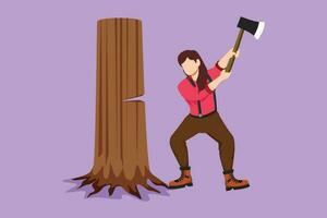 gráfico plano diseño dibujo hembra leñador con un hacha el cortar madera. leñador el cortar árbol con hacha. vistiendo camisa, vaqueros, botas. bonito mujer con hacha cortar árbol. dibujos animados estilo vector ilustración