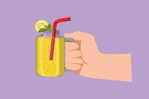 Character flat drawing stylized hand holding smoothie juice in glass cup with fruit slice on top. Cold soft drink for summer. Healthy beverage icon. Vitamin C food. Cartoon design vector illustration