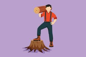 Graphic flat design drawing of lumberjack or woodcutter holding timber and axe. Wooden materials manufacturing, standing with axe, posing with one foot on tree stump. Cartoon style vector illustration