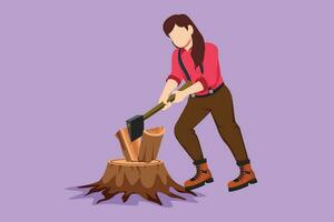 Graphic flat design drawing pretty woodwoman or lumberwoman in checkered shirt, sling pants chopping wood with ax on tree stump. Woman with ax in her hands cuts tree. Cartoon style vector illustration