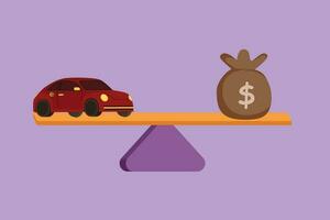 Character flat drawing stylized car, auto loan or transforming assets into cash concept, logo, icon. Car model, US dollar notes in jute bag on simple balance scale. Cartoon design vector illustration