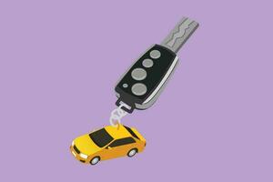 Cartoon flat style drawing key car and key ring over the metallic table. Clipping path included. Electronic car key front and back view and alarm system logo, icon. Graphic design vector illustration