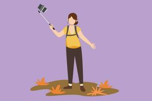 Graphic flat design drawing beautiful woman with backpack on shoulders. Young pretty girl making photo using selfie stick and smartphone. Summer activity at nature. Cartoon style vector illustration
