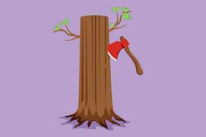 Cartoon flat style drawing of hatchet in beside tree stump logo, icon, label, symbol. A tree stump with an axe stuck. Forest, camping concept. Axe in stuck at stump. Graphic design vector illustration