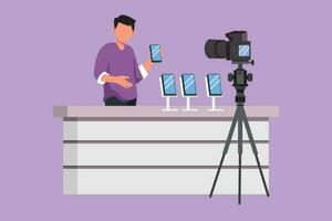 Character flat drawing of young blogger review and test new smartphone on dslr camera. Live broadcast on channel. Active man holding mobile phone for review product. Cartoon design vector illustration