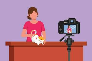 Graphic flat design drawing vet blogger sitting in front of camera with cats and recording video blog about animals, pets. Zoo psychologist creating content for vlog. Cartoon style vector illustration