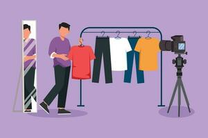 Character flat drawing of man blogger records video tips for choosing clothes, shows trending clothing models to his subscribers. Marketing campaign in social media. Cartoon design vector illustration