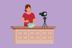 Character flat drawing beautiful woman in kitchen preparing dessert at home, stirring dough with spatula. Cooking live streaming icon. Blogger prepares meal online. Cartoon design vector illustration