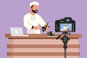 Graphic flat design drawing Arabian male blogger makes video review on camera on topic of sneakers. Online shopping, social media and influencer concept, logo, icon. Cartoon style vector illustration