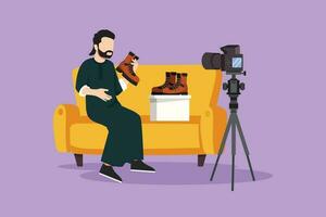 Graphic flat design drawing social media influencer reviewing boots. Young Arabian man vlogging about men's sports shoe and filming himself at home on video camera. Cartoon style vector illustration